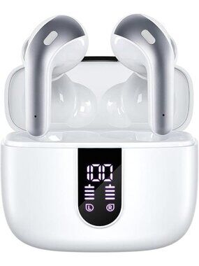White Bluetooth Headphone True Wireless Earbuds LED Power Display with Mic